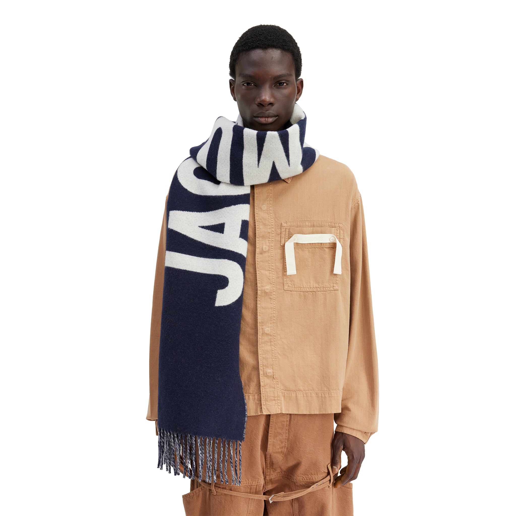 Model view of Jacquemus L'echarpe Fringe Logo Navy Scarf